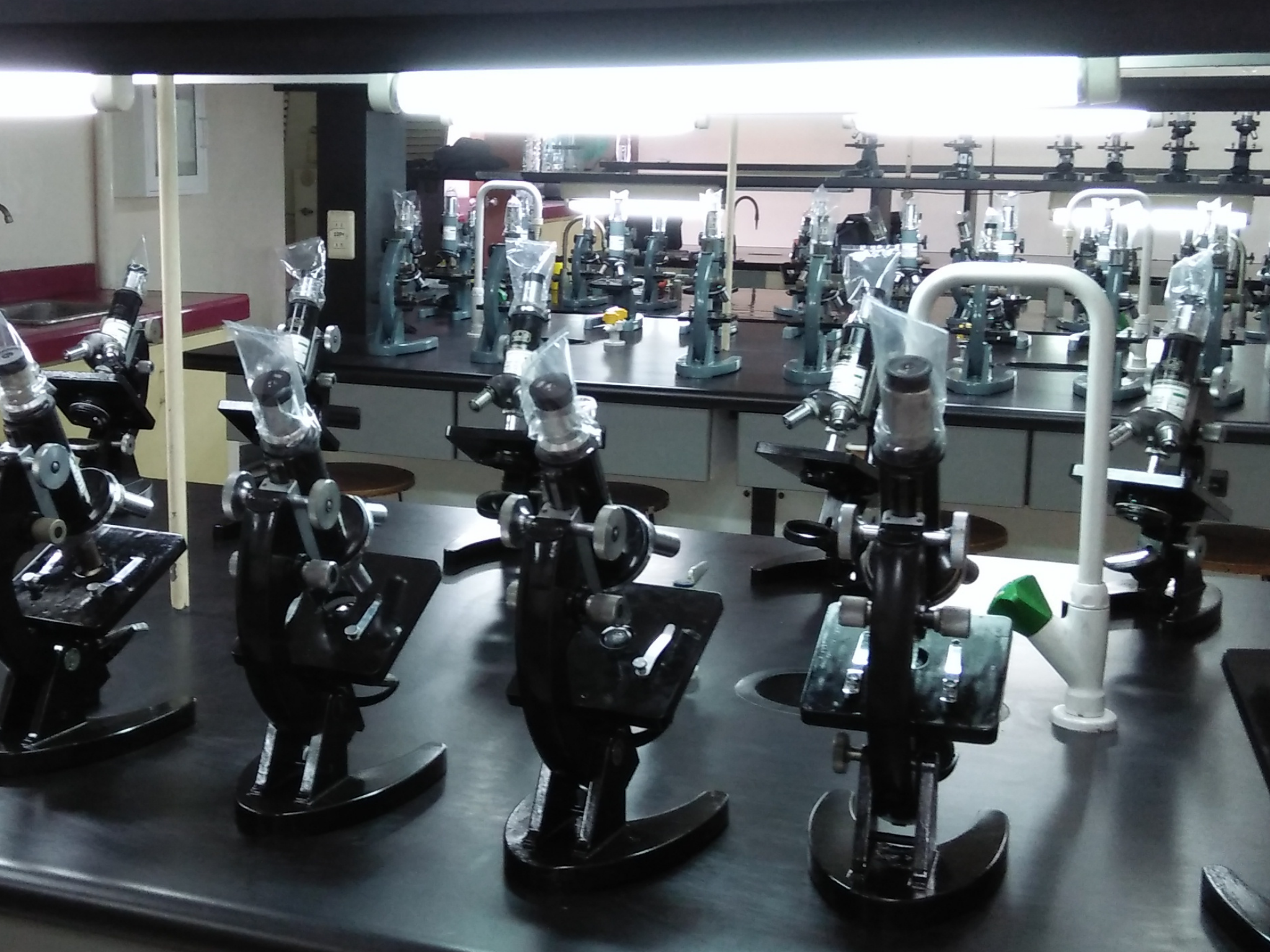 Repainted microscopes arranged in laboratory